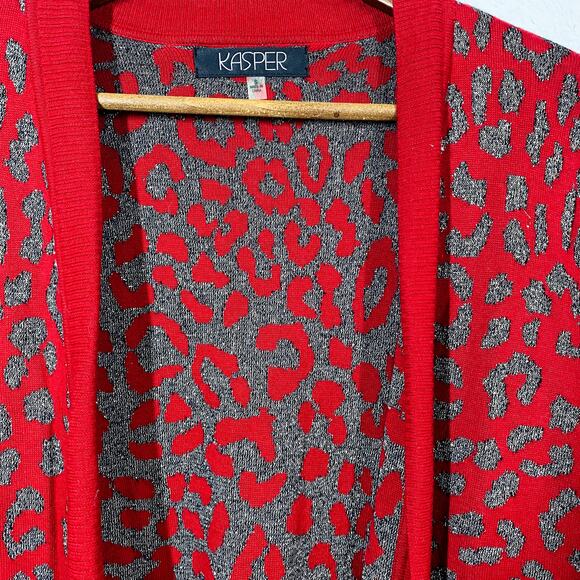 NEW! Kasper Open Front Metallic Animal Print Cardigan Sweater Knit Red - S - Picture 2 of 6